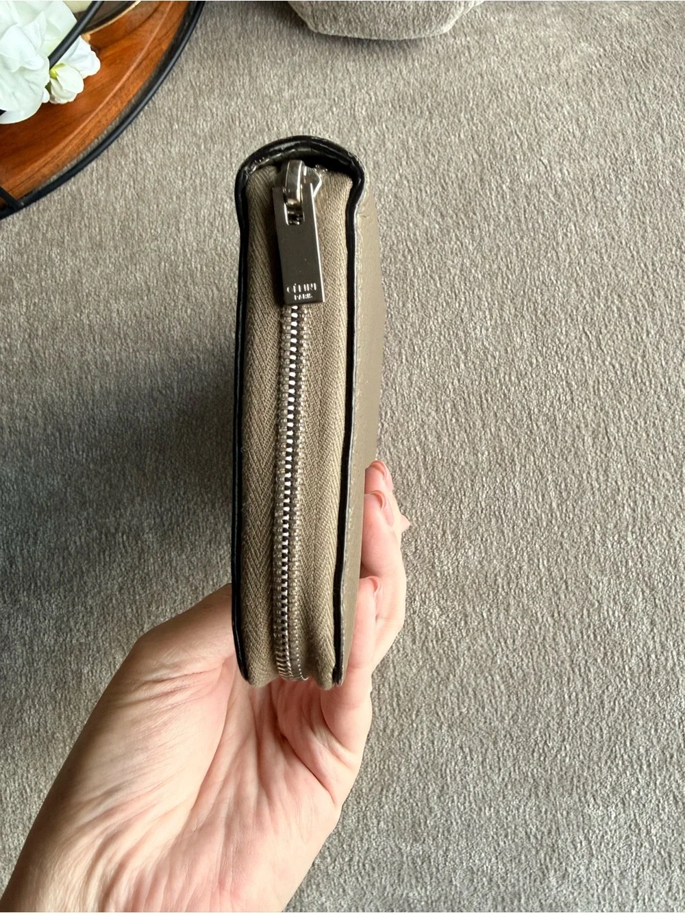 Celine Zip-Around Pebbled Leather Wallet in Taupe Beige Authentic